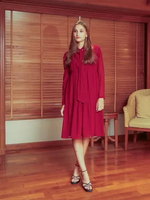 Red Solid Flared Knee-Length Dress