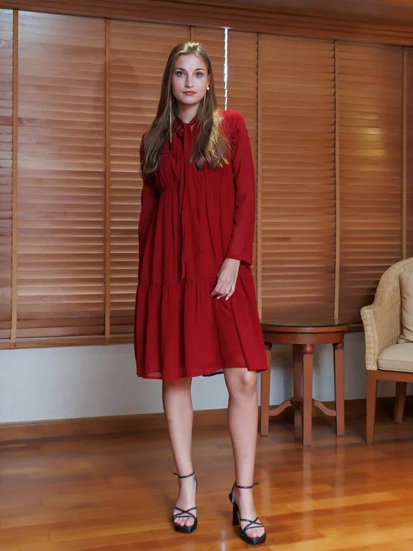 Red Solid Flared Knee-Length Dress