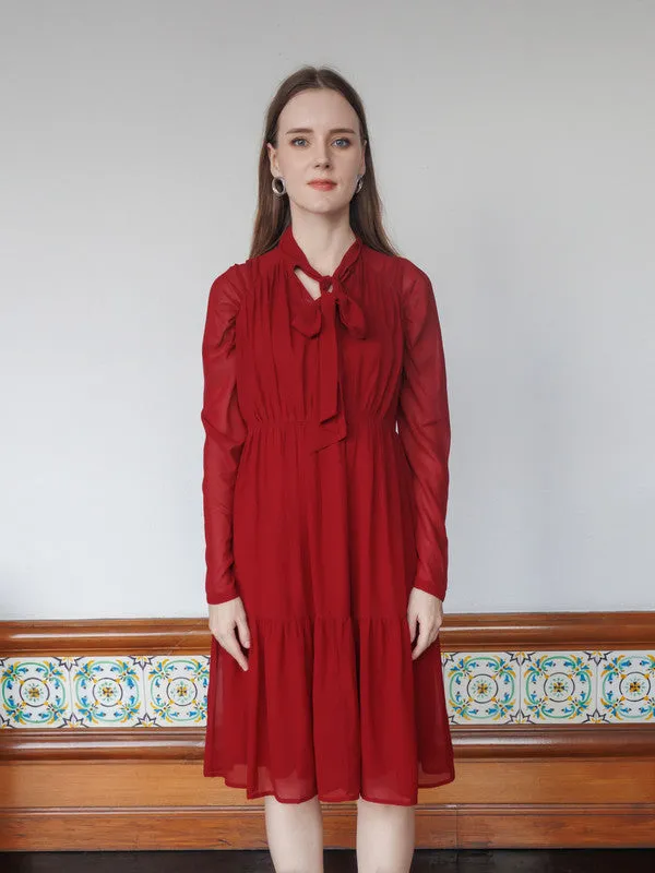 Red Solid Flared Knee-Length Dress