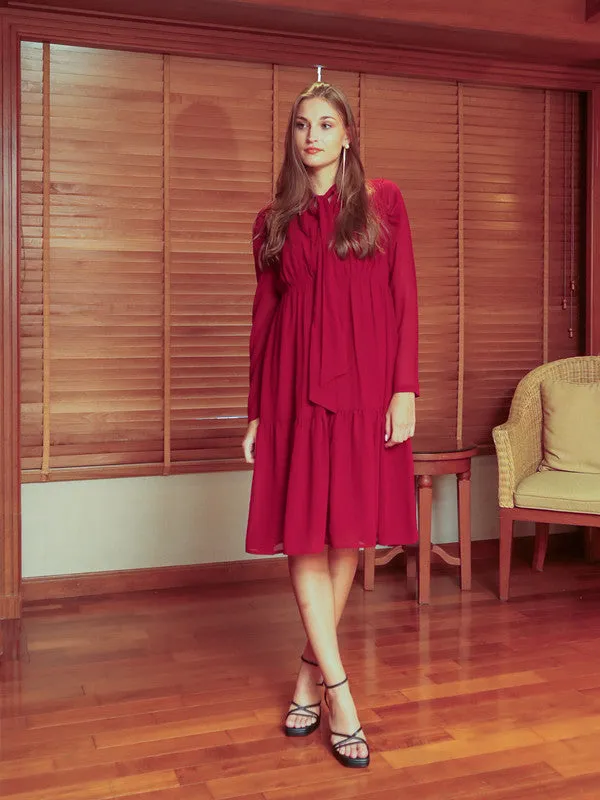 Red Solid Flared Knee-Length Dress