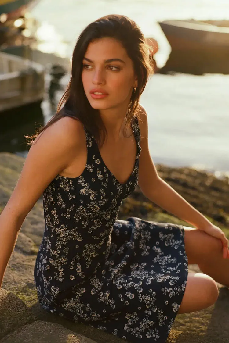 Retro Floral Print V Neck French Sleeveless Midi Sundress - Navy Blue