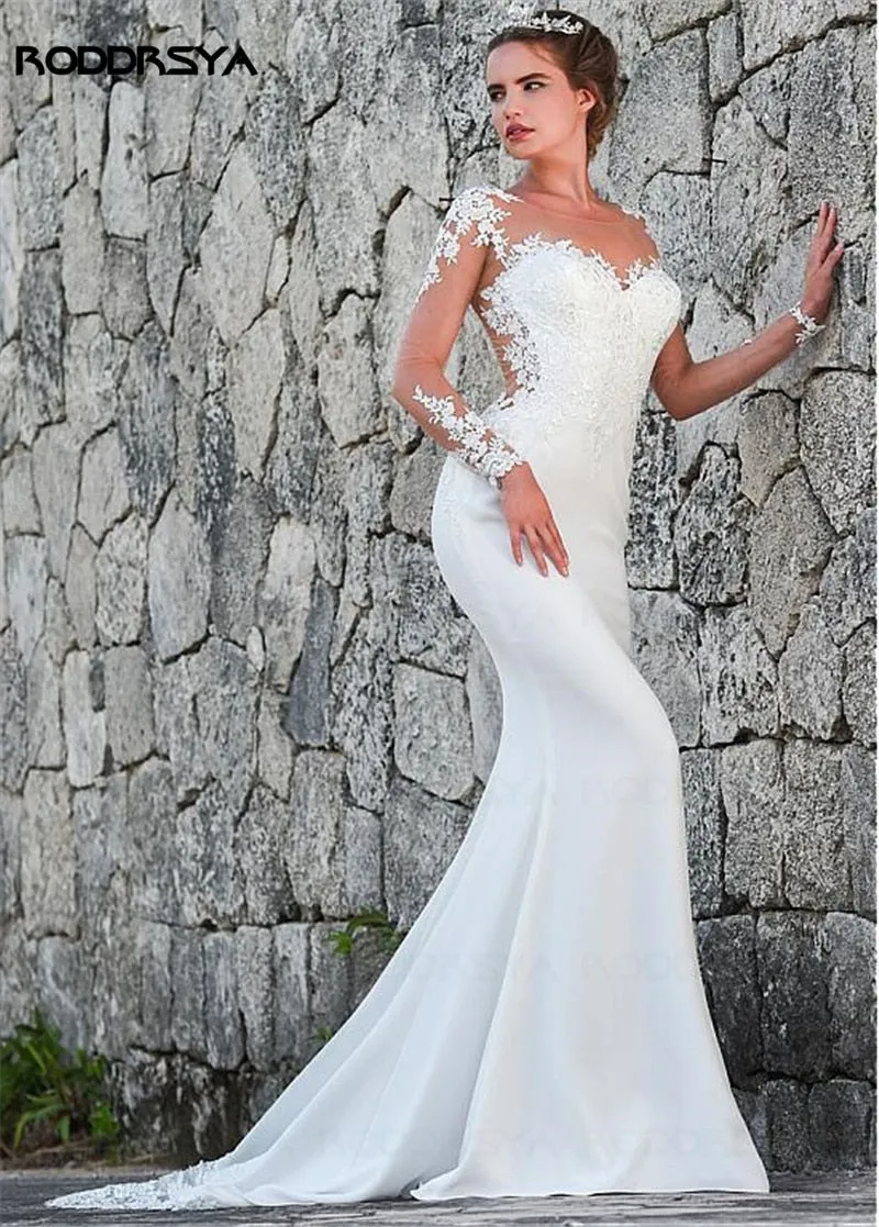 RODDRSYA  Long Sleeves Sheer Lace Appliques Wedding Dresses