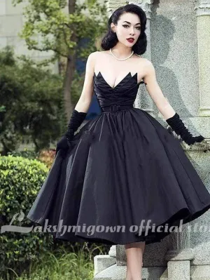 Roycebridal Black A-Line Wedding Dresses V Neck Tea Length