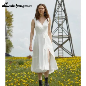 Roycebridal Fashion Short Wedding Dress V Neck Pleats Tea Length Bridal Gowns 2022 New Arrival Boho A-Line Wedding Dresses