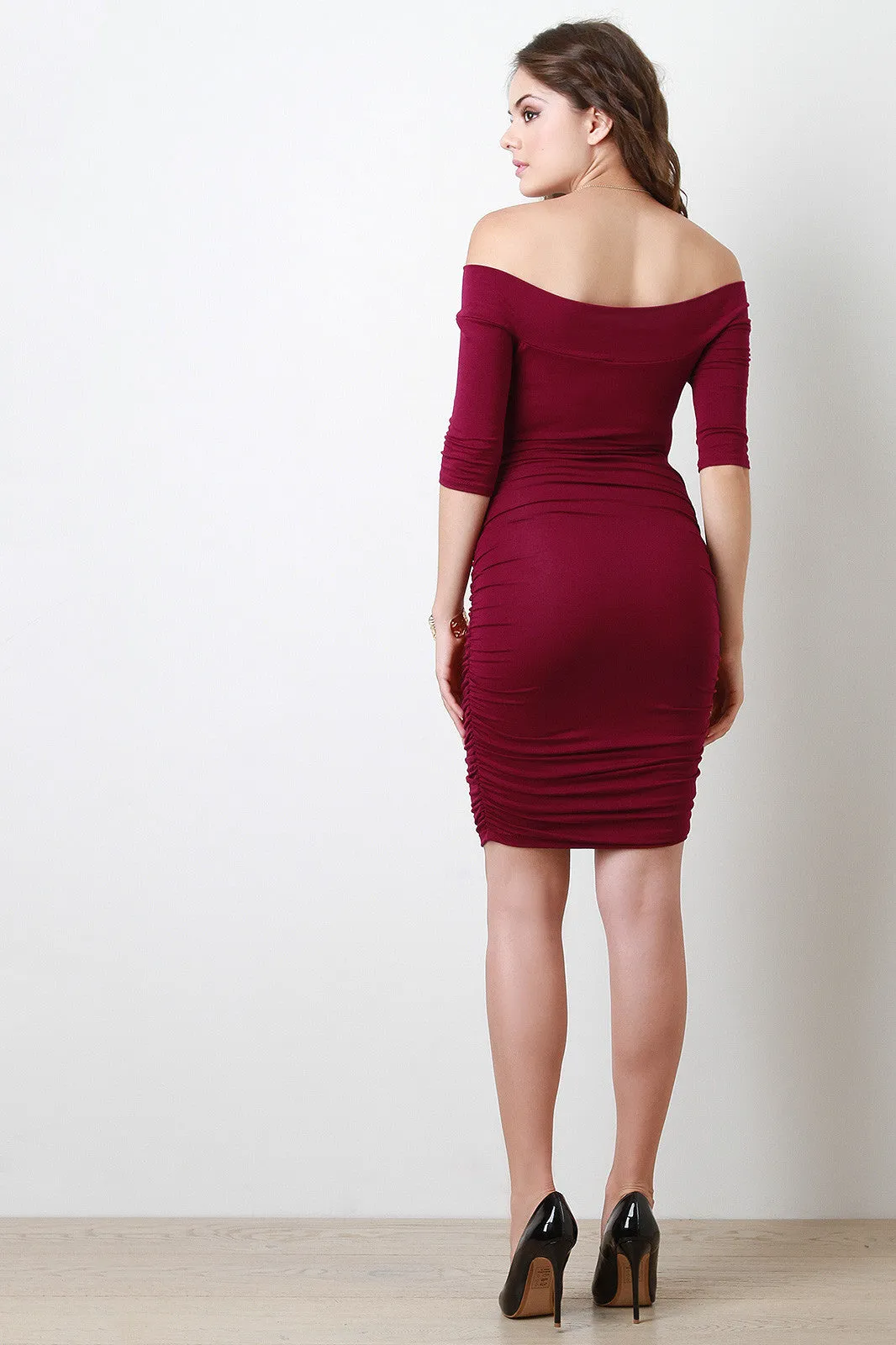Ruched Off Shoulder Elbow-Length Sleeves Midi Dress