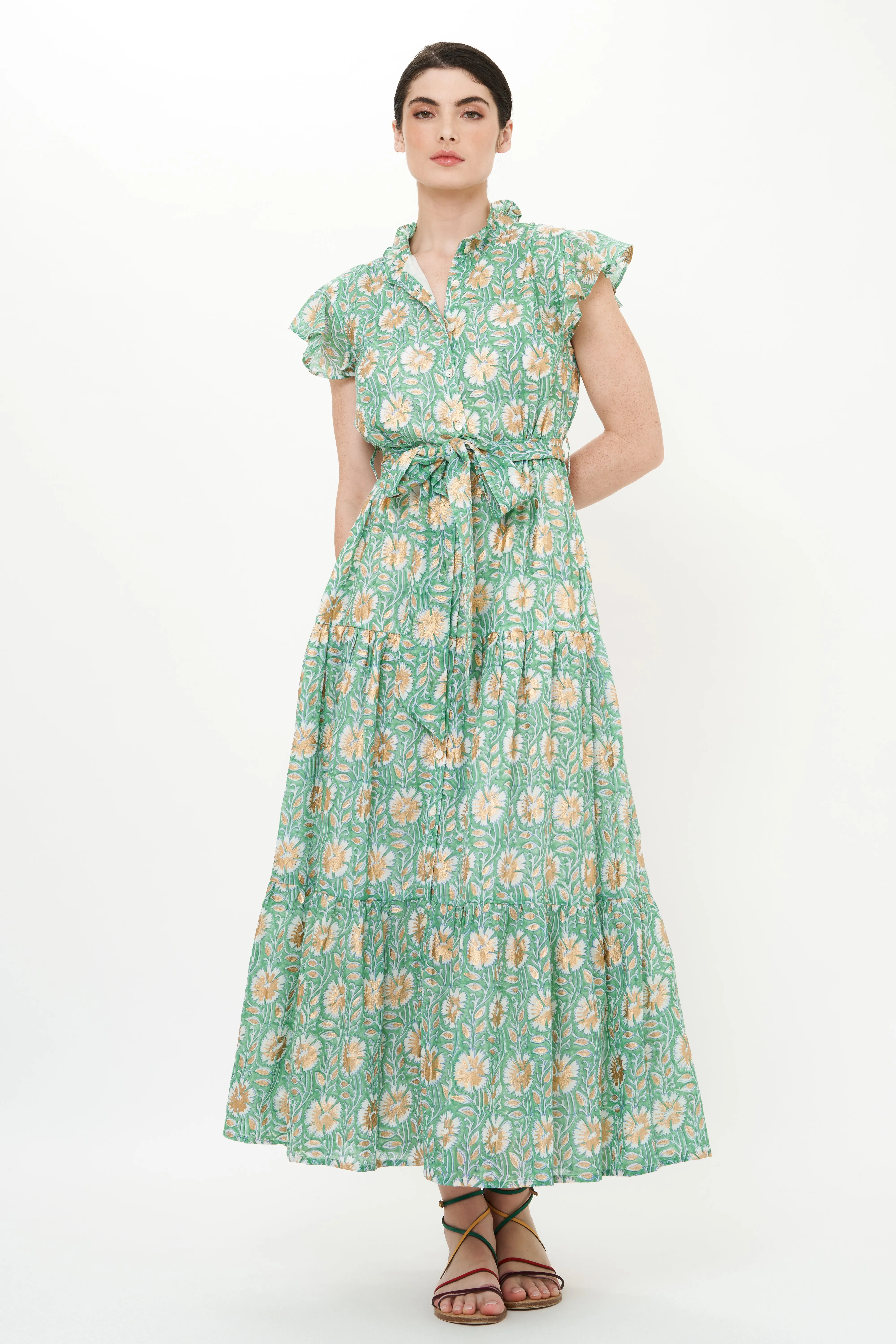 Ruffle Collar Button Maxi- Mughal Green