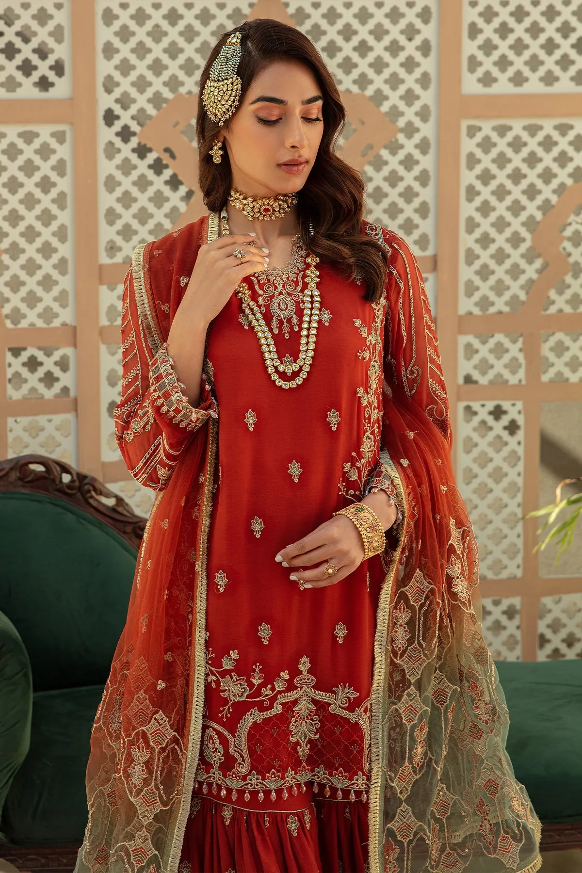 Rust Maroon Pakistani Wedding Dress in Kameez Gharara Style