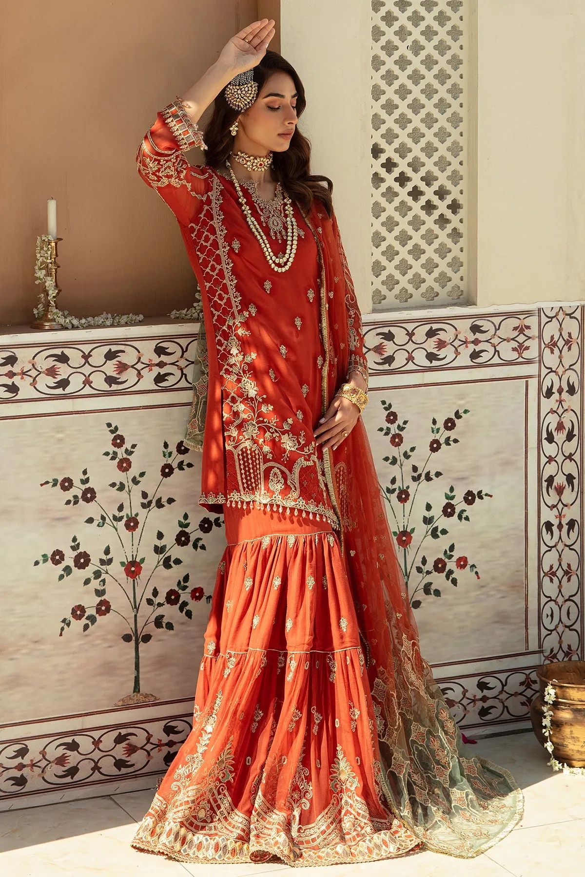 Rust Maroon Pakistani Wedding Dress in Kameez Gharara Style