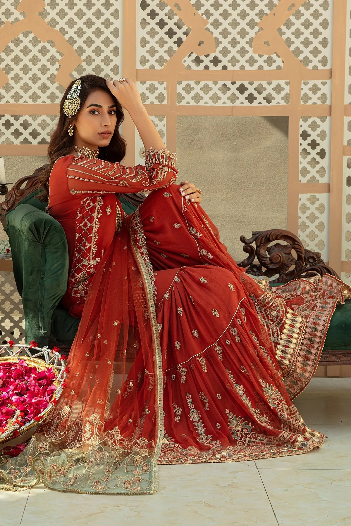 Rust Maroon Pakistani Wedding Dress in Kameez Gharara Style