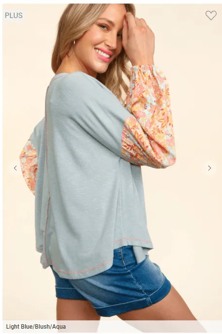 SALE- Jackie Powder Blue Pullover w/Spring Floral Sleeves