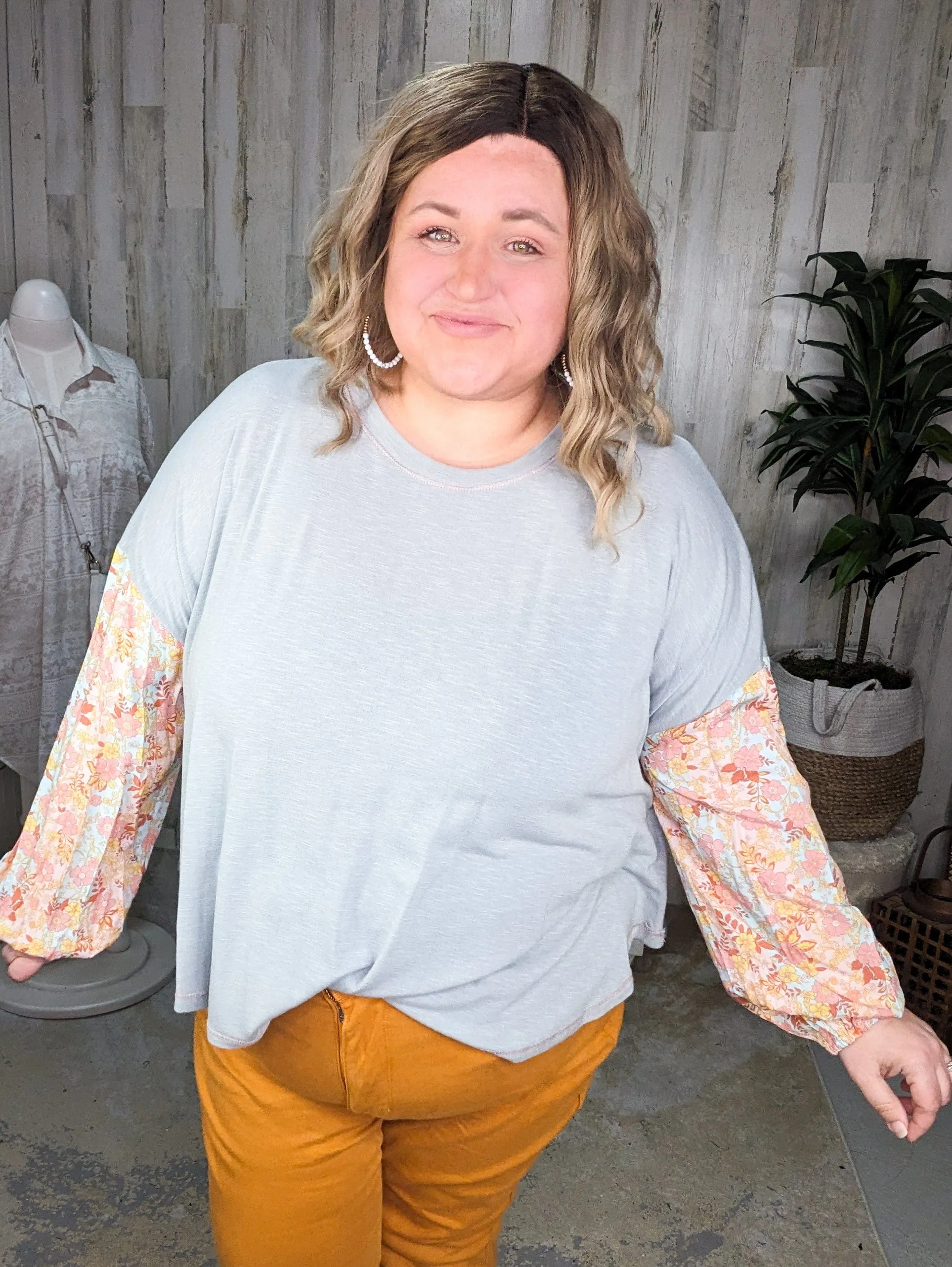 SALE- Jackie Powder Blue Pullover w/Spring Floral Sleeves