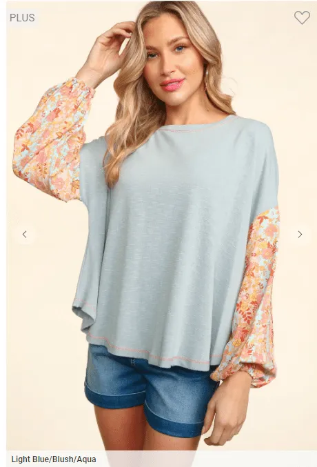 SALE- Jackie Powder Blue Pullover w/Spring Floral Sleeves