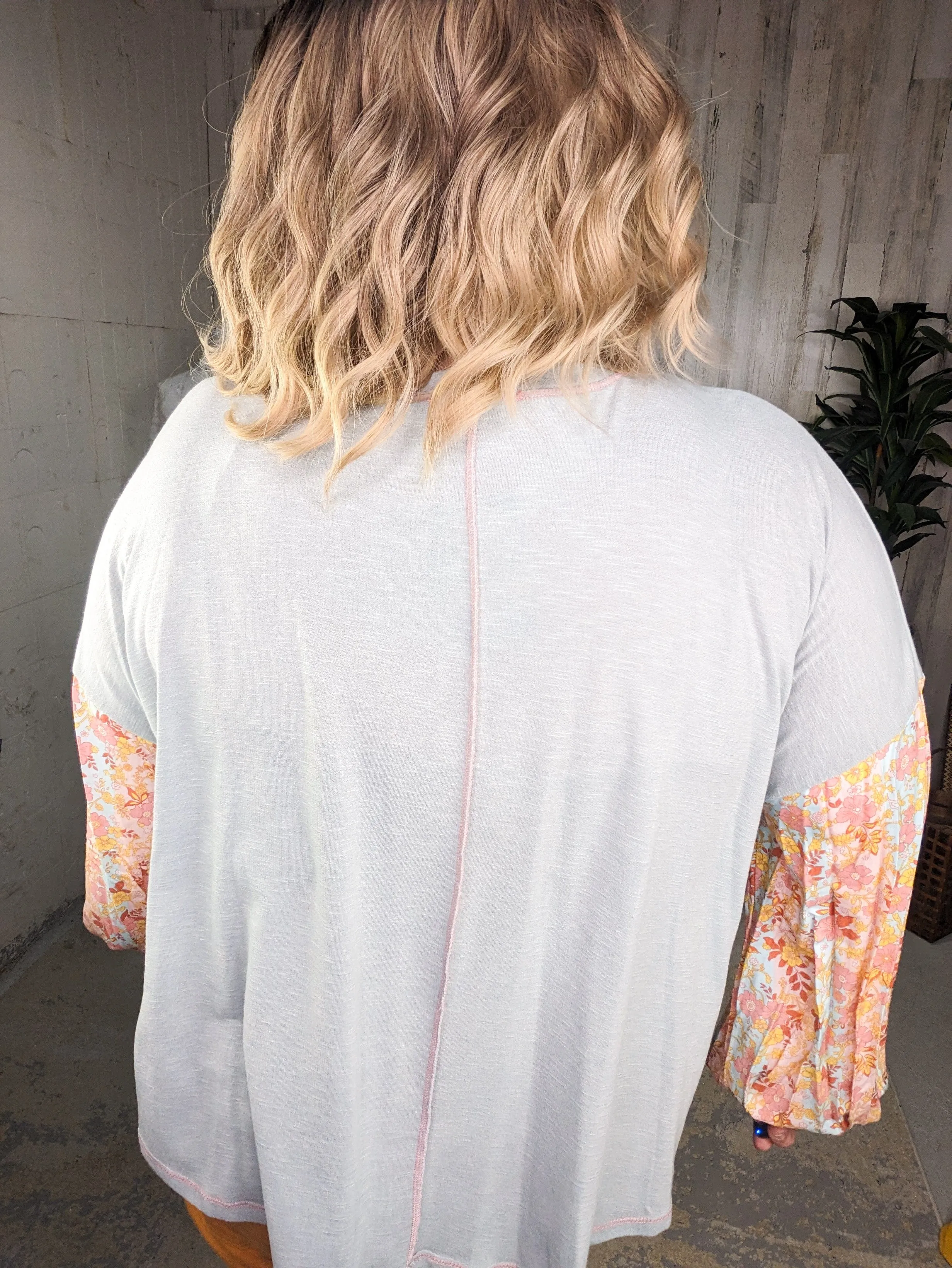 SALE- Jackie Powder Blue Pullover w/Spring Floral Sleeves