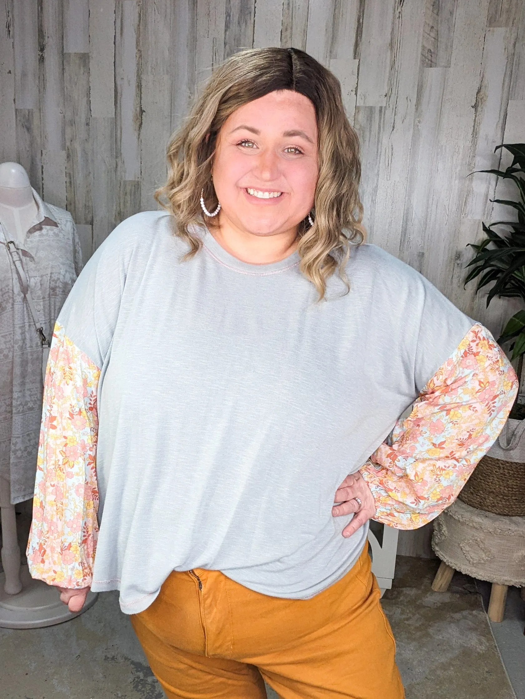 SALE- Jackie Powder Blue Pullover w/Spring Floral Sleeves