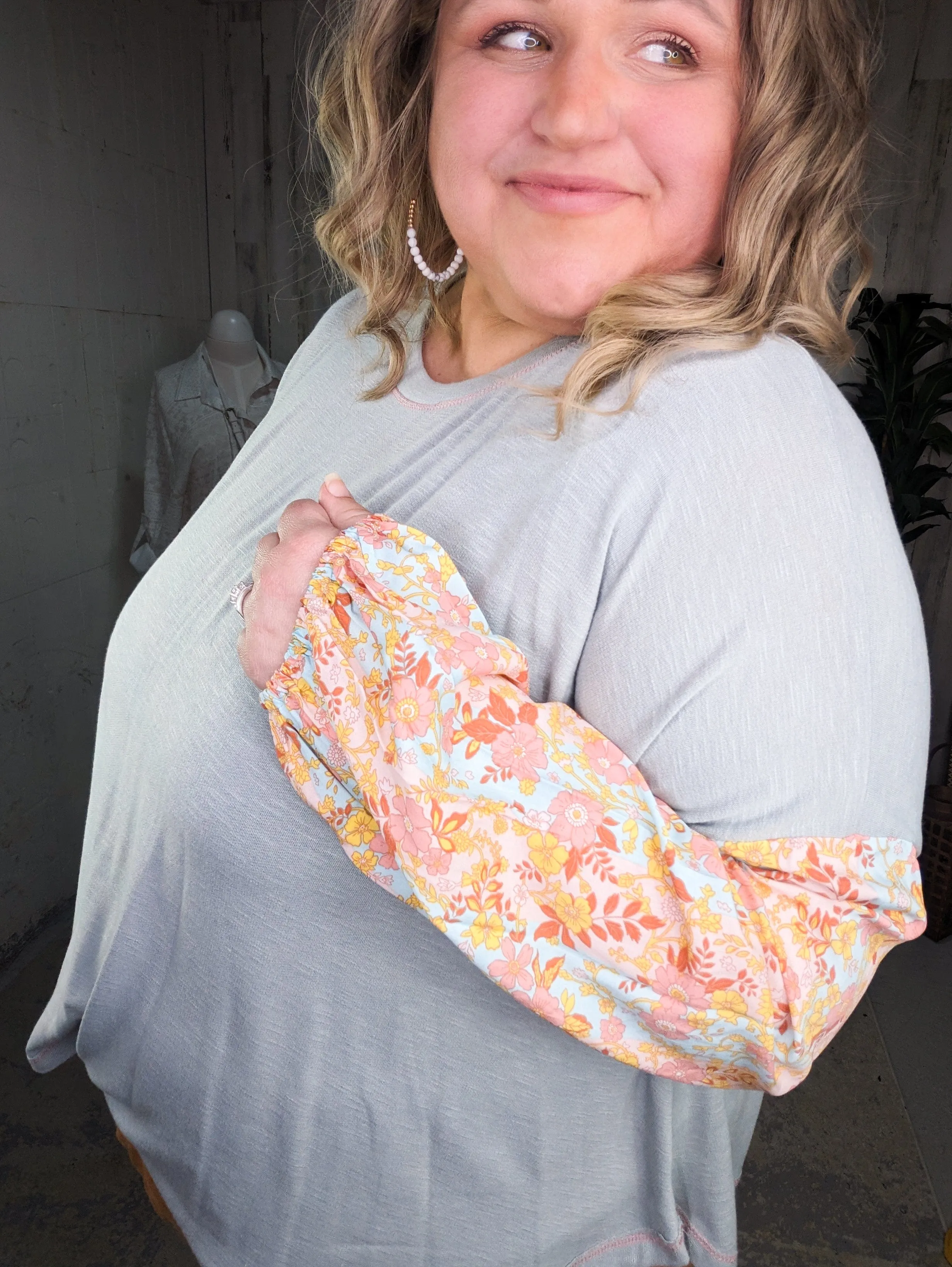 SALE- Jackie Powder Blue Pullover w/Spring Floral Sleeves