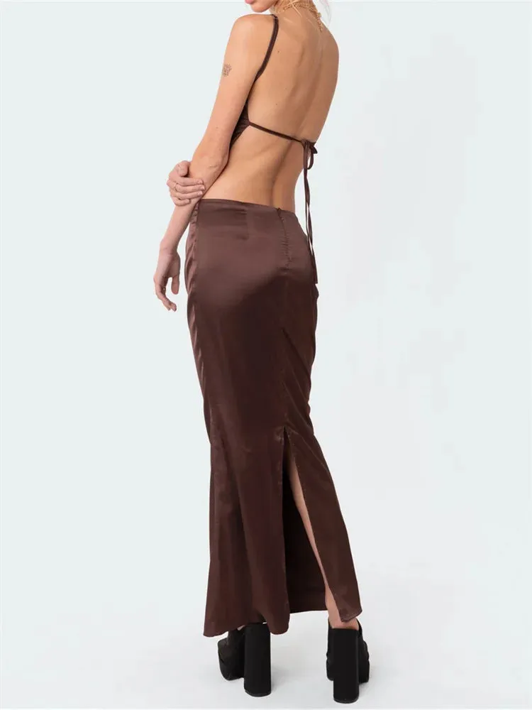 Satin Camis Tank Low Waist Back Split Long Skirt