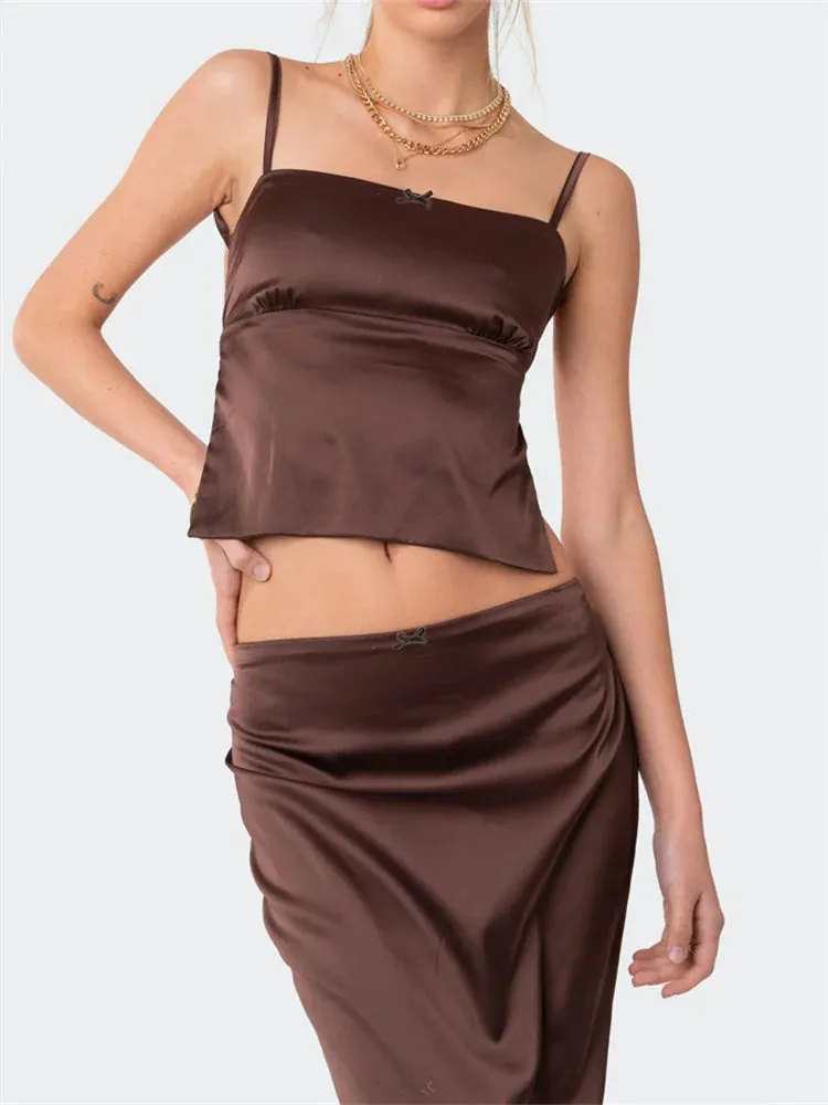 Satin Camis Tank Low Waist Back Split Long Skirt
