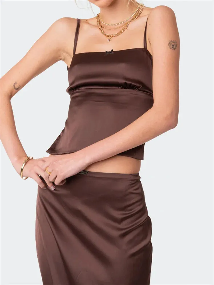 Satin Camis Tank Low Waist Back Split Long Skirt