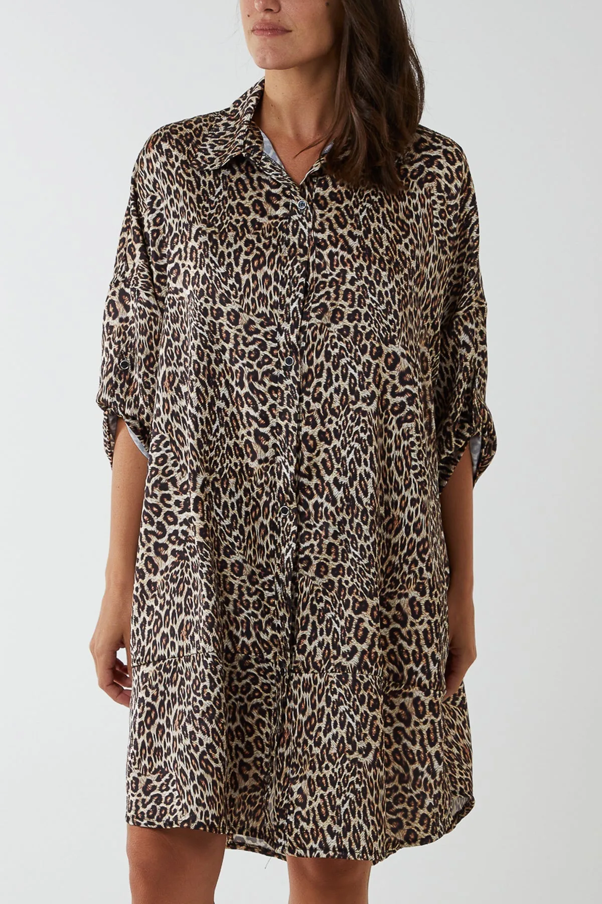 Satin Leopard Print Shirt Dress