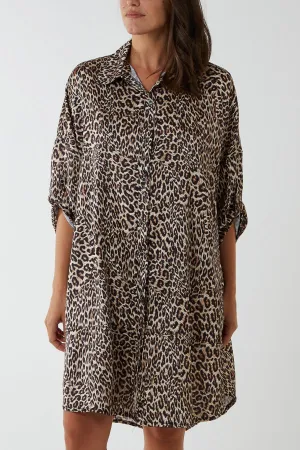 Satin Leopard Print Shirt Dress