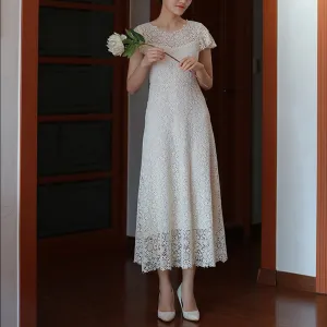 Scoop Short and Tea Length Lace Wedding Dress with Short Sleeve