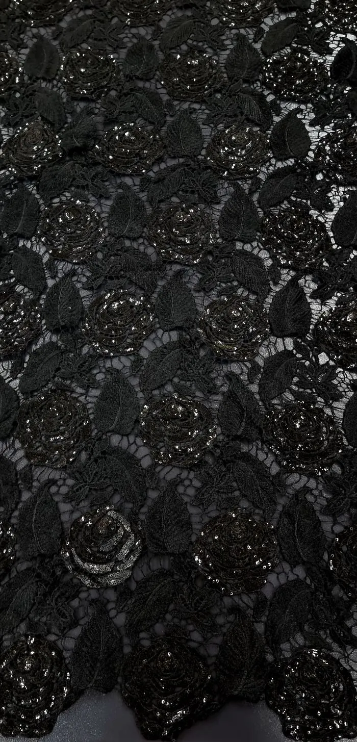 Sequined Lace Black Roses