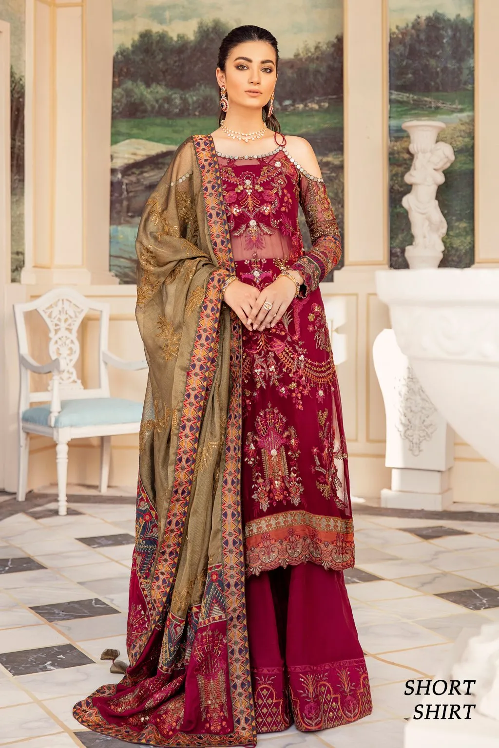 Sequins Embroidered Chiffon Dress in Maroon Color #Y6099