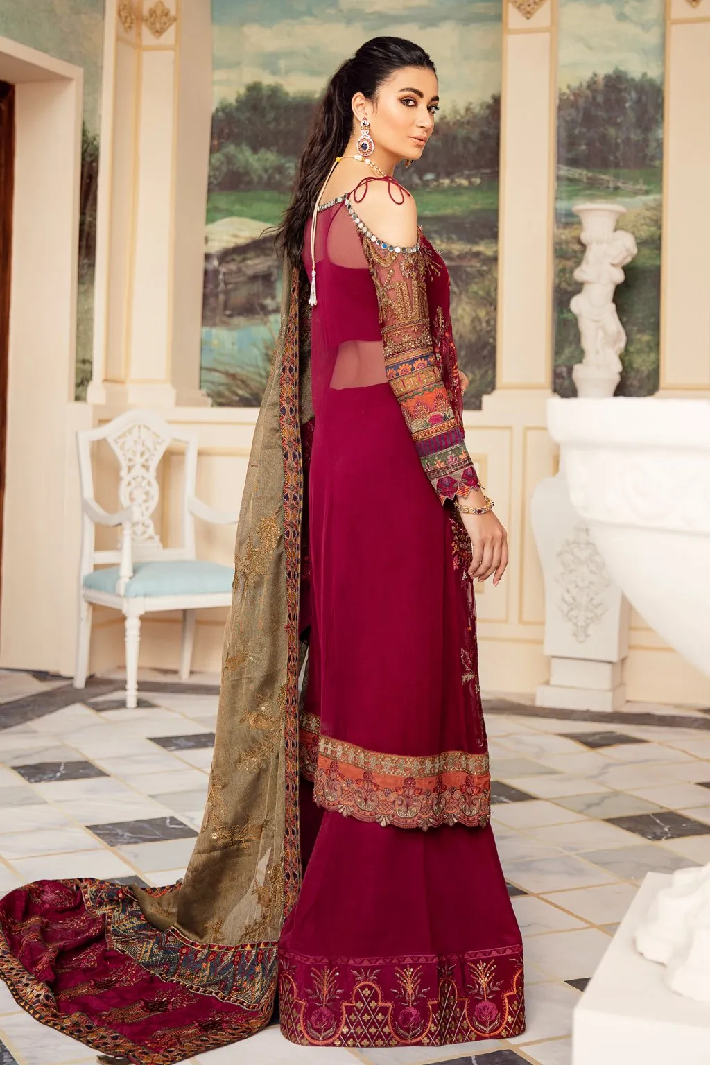 Sequins Embroidered Chiffon Dress in Maroon Color #Y6099
