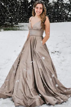 Shiny Sleeveless Chocolate A-line Spaghetti Straps Long Prom Dresses