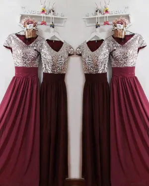 Silver Sequins Burgundy Chiffon Bridesmaid Dresses Ruffles V-Neck Floor Length