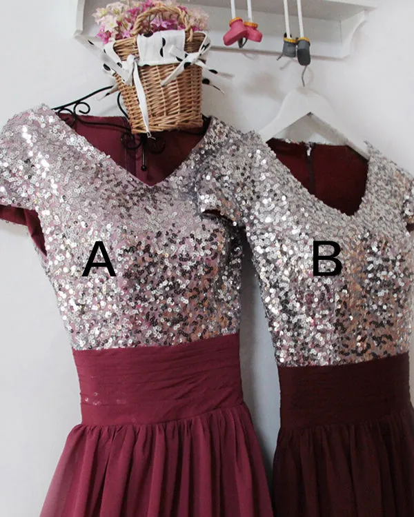 Silver Sequins Burgundy Chiffon Bridesmaid Dresses Ruffles V-Neck Floor Length
