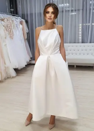 Simple Open Back Tea Length A-line Sleeveless Spaghetti-Straps Wedding Dresses with Pockets
