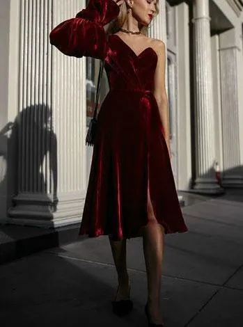 Single Length Burgundy One Shoulder Long Sleeve Homecoming Dresses, TYP1970
