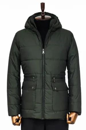 Slim Fit Hooded Green Men Coat - Wessi