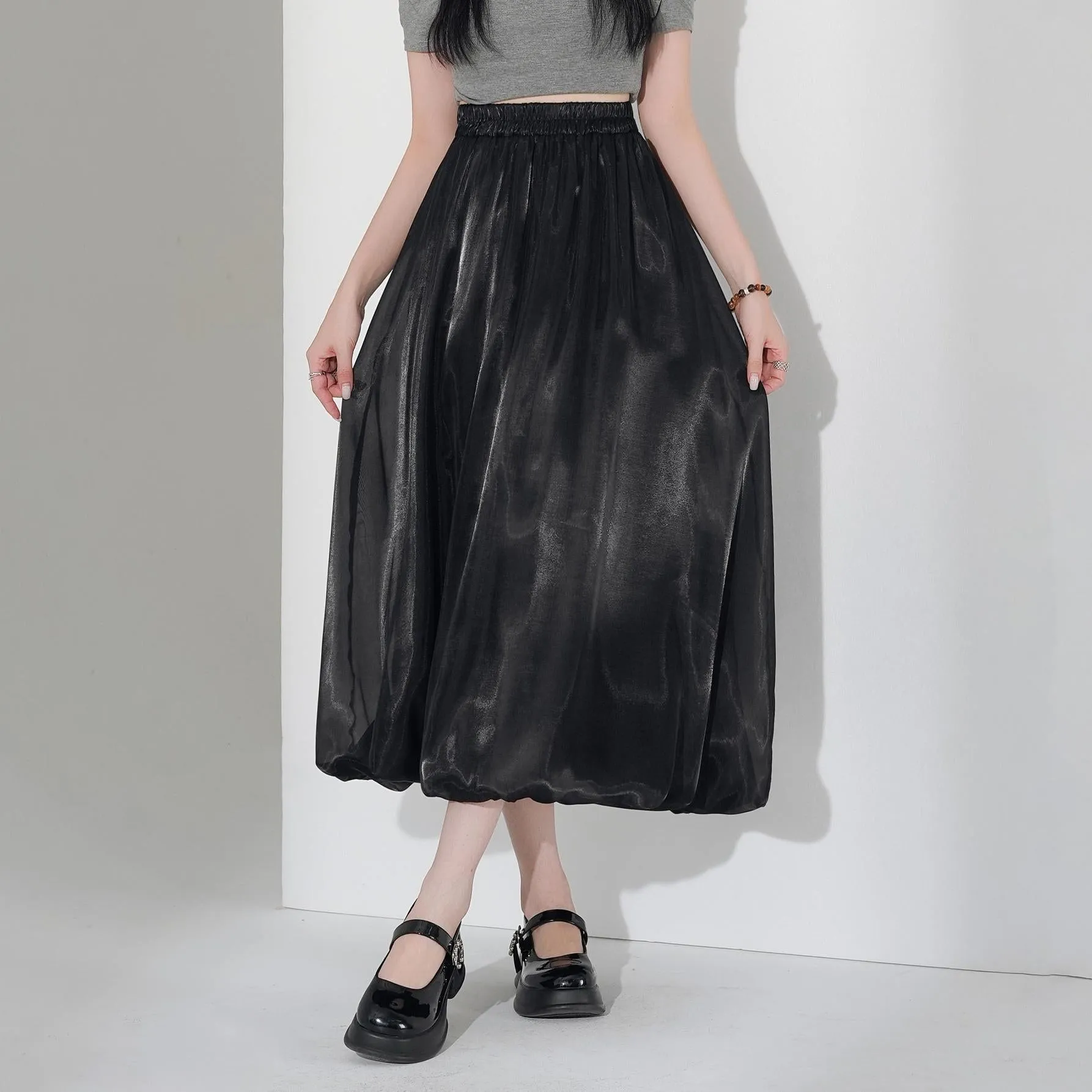 Slinky Solid Satin Maxi Skirt with Elastic Waist