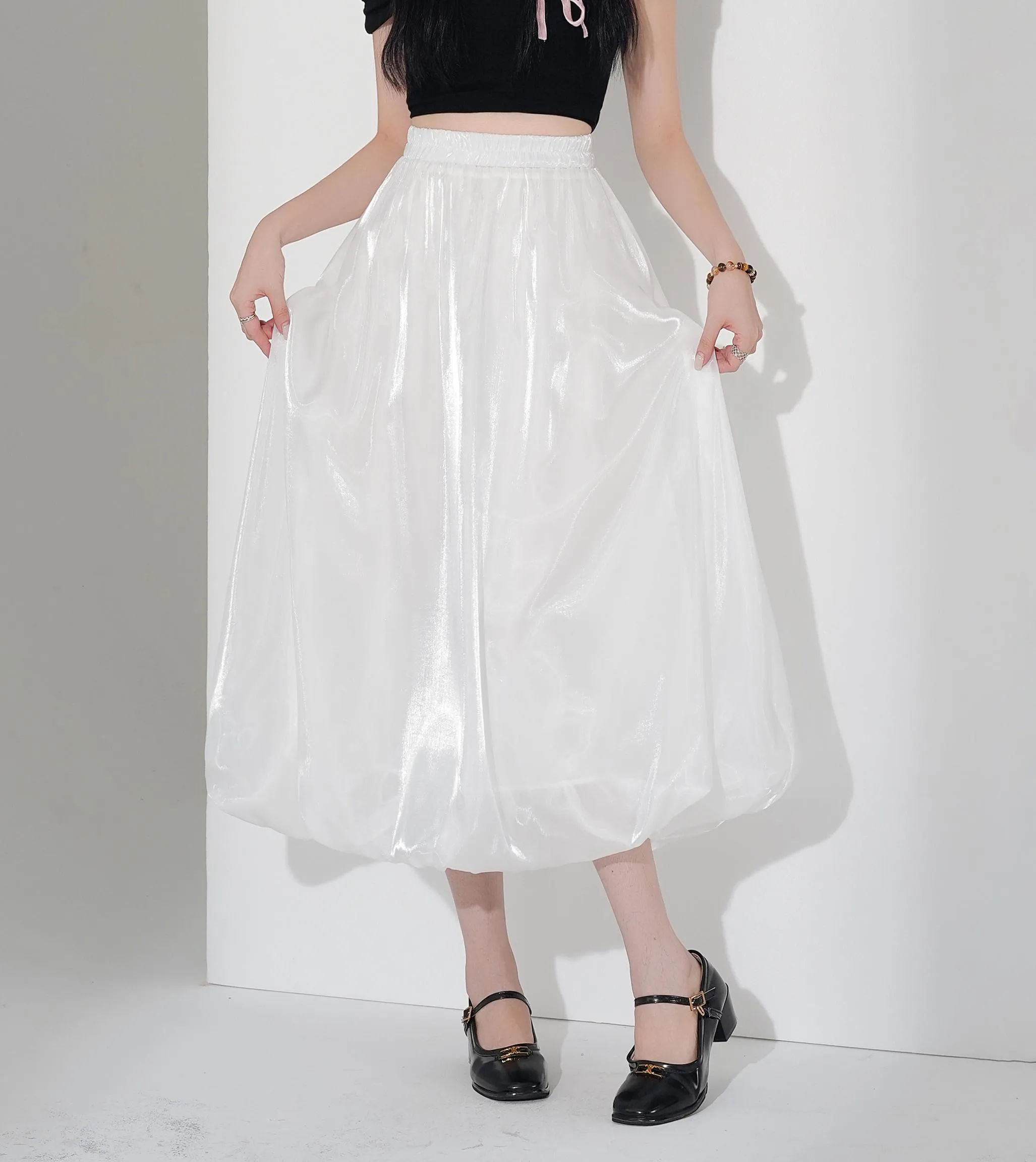 Slinky Solid Satin Maxi Skirt with Elastic Waist