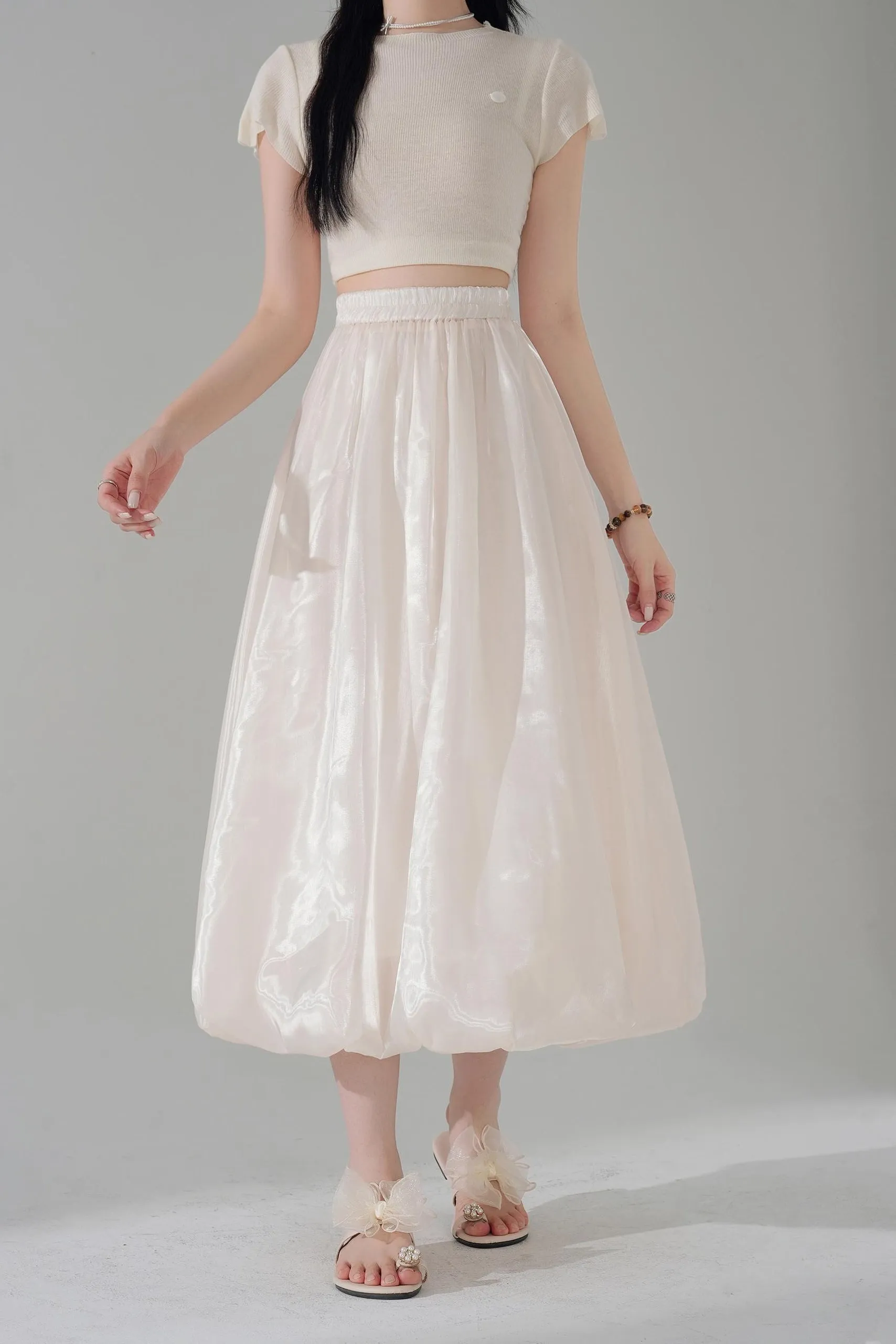 Slinky Solid Satin Maxi Skirt with Elastic Waist