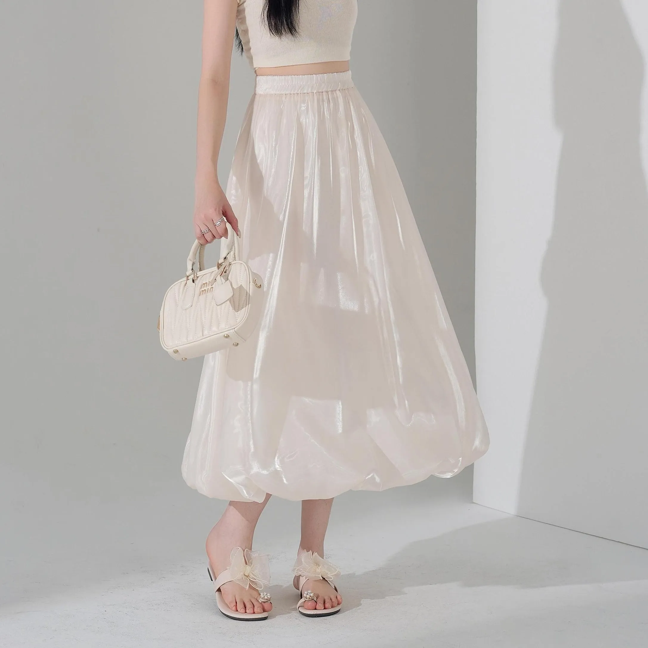 Slinky Solid Satin Maxi Skirt with Elastic Waist