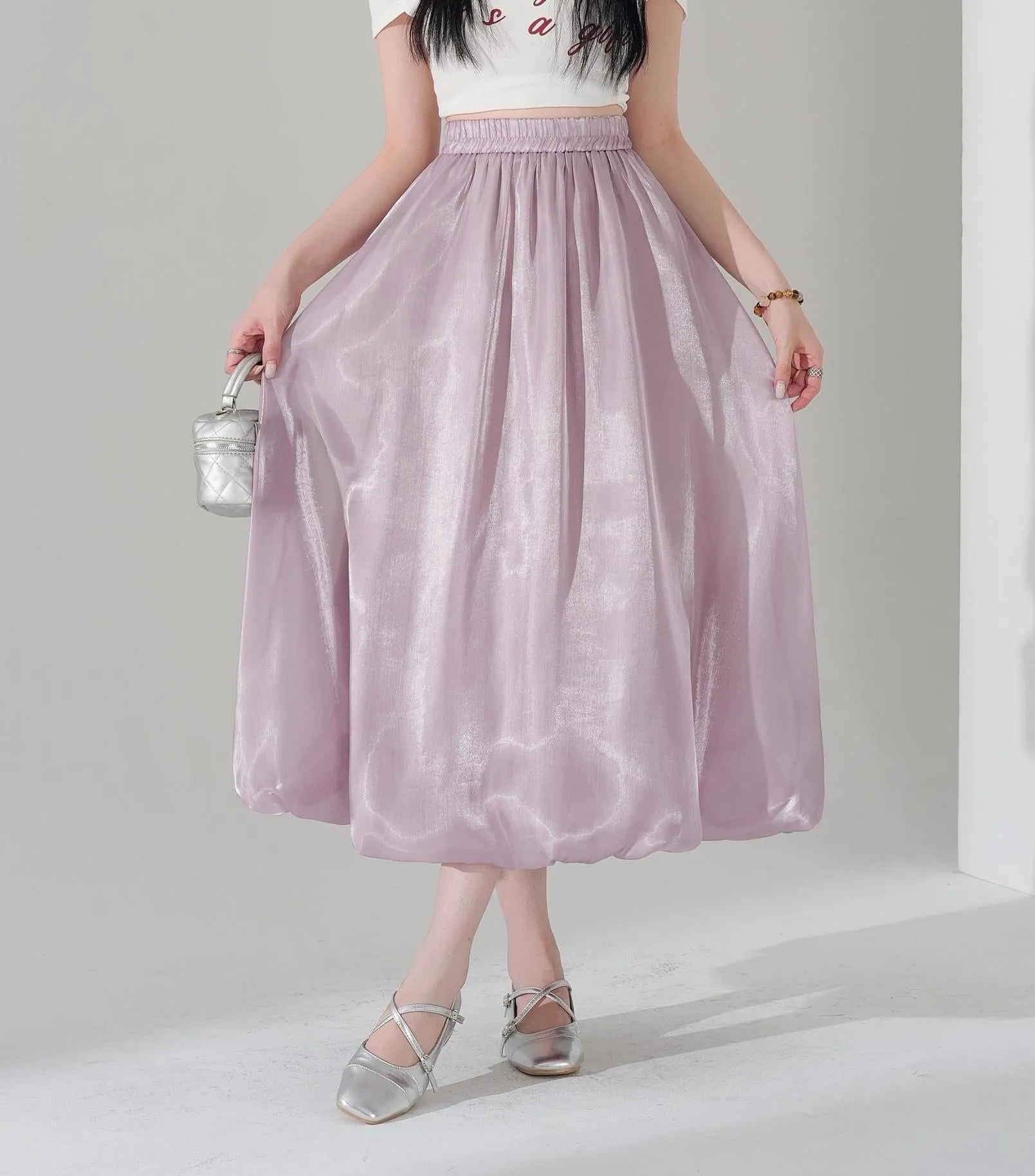 Slinky Solid Satin Maxi Skirt with Elastic Waist