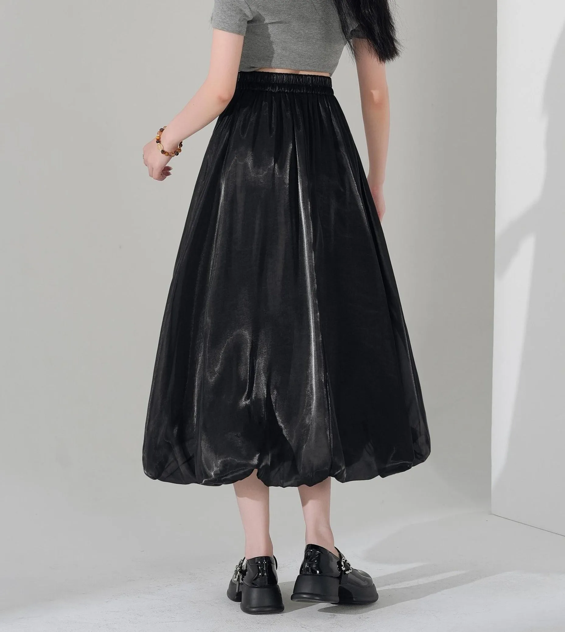 Slinky Solid Satin Maxi Skirt with Elastic Waist