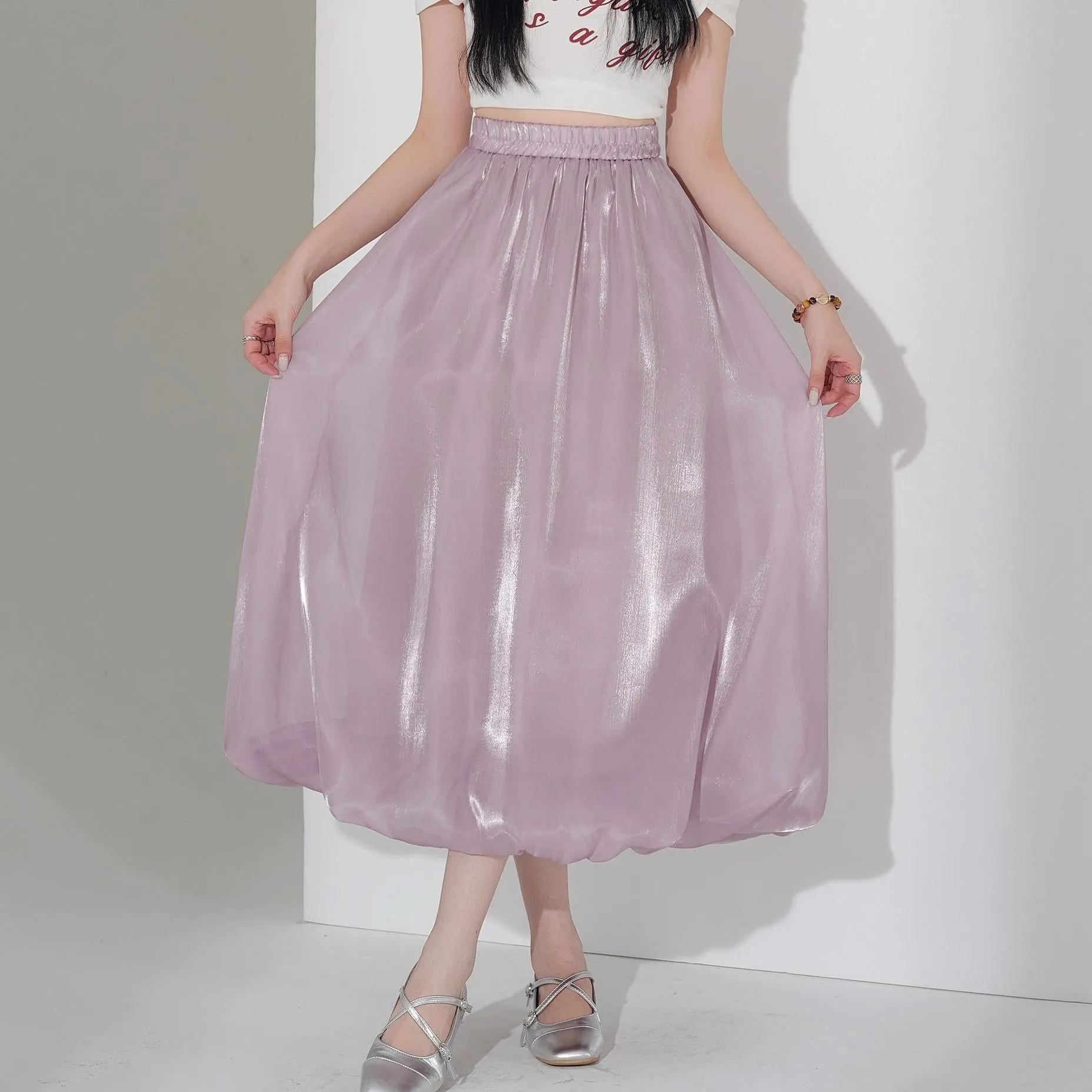 Slinky Solid Satin Maxi Skirt with Elastic Waist