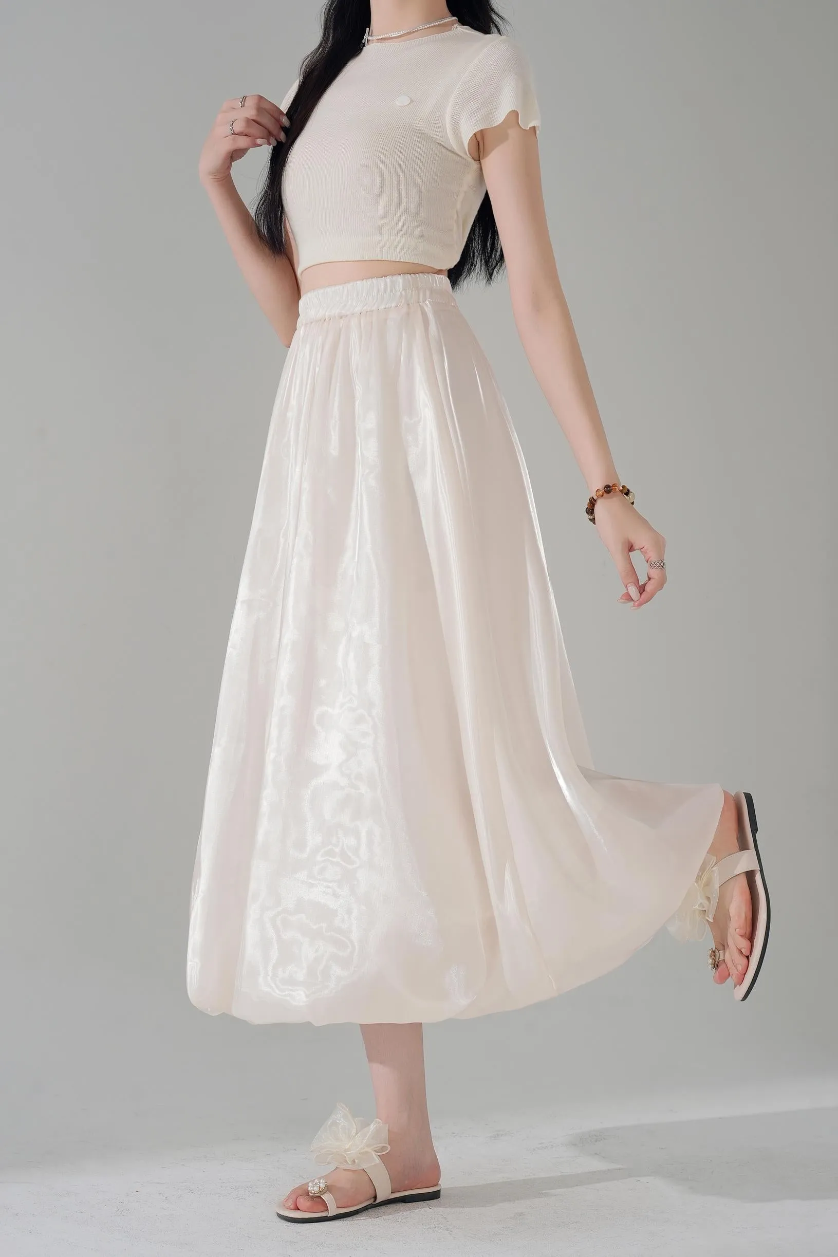 Slinky Solid Satin Maxi Skirt with Elastic Waist
