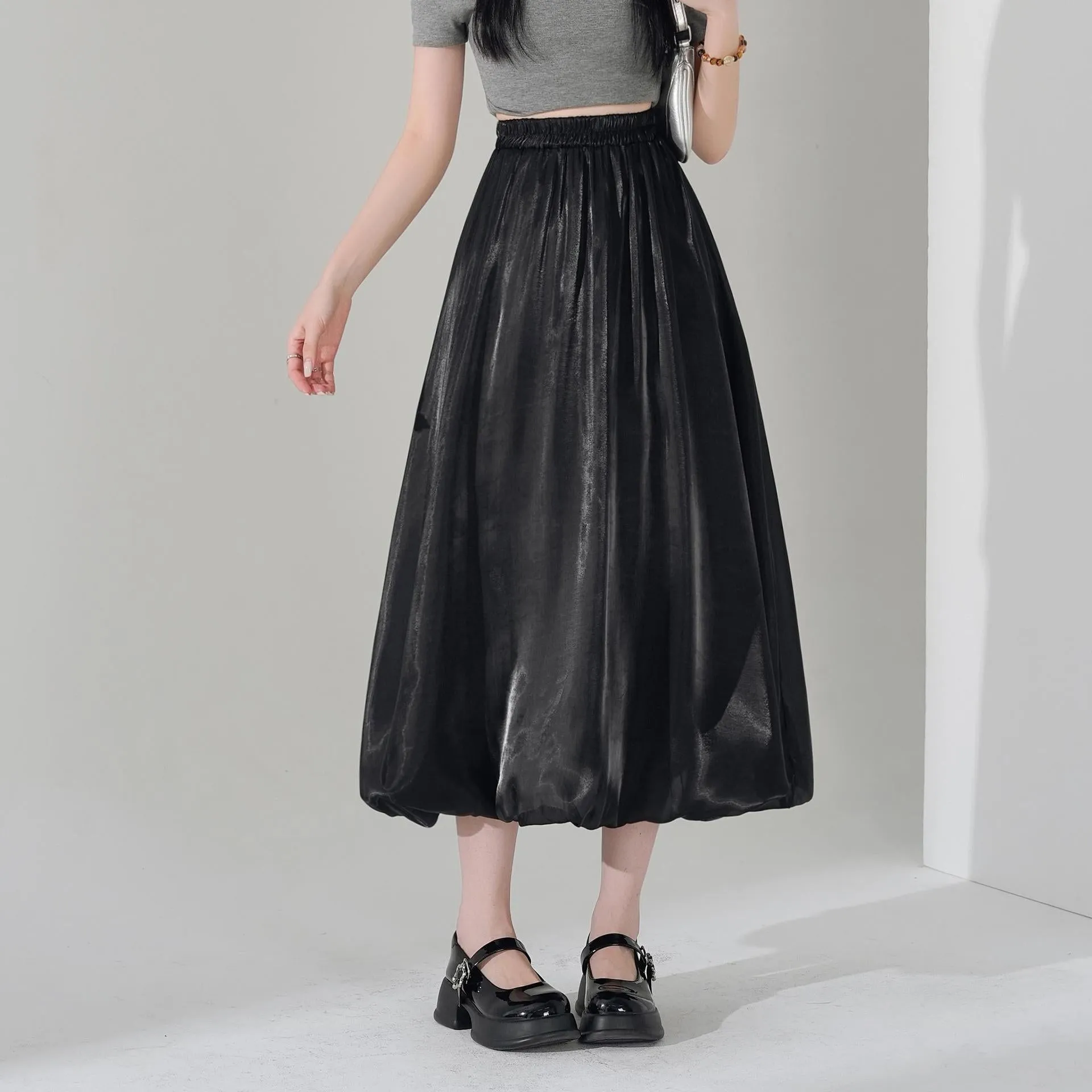 Slinky Solid Satin Maxi Skirt with Elastic Waist