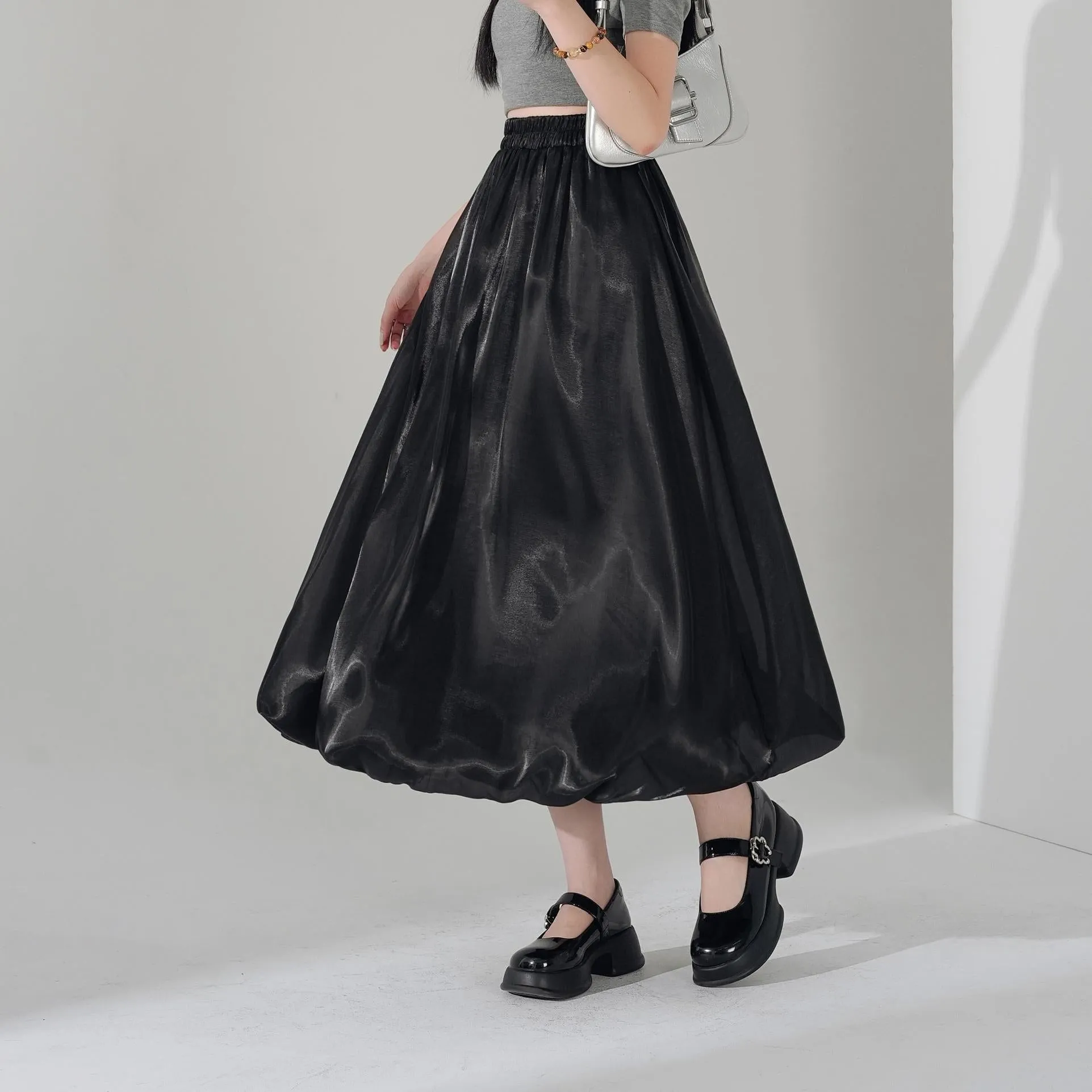 Slinky Solid Satin Maxi Skirt with Elastic Waist