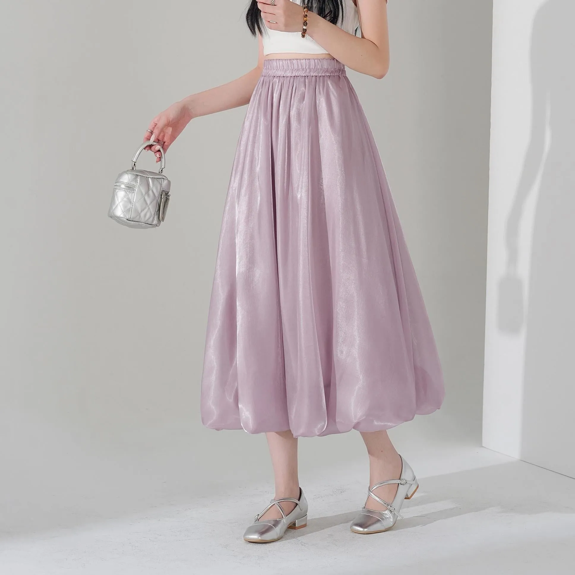 Slinky Solid Satin Maxi Skirt with Elastic Waist