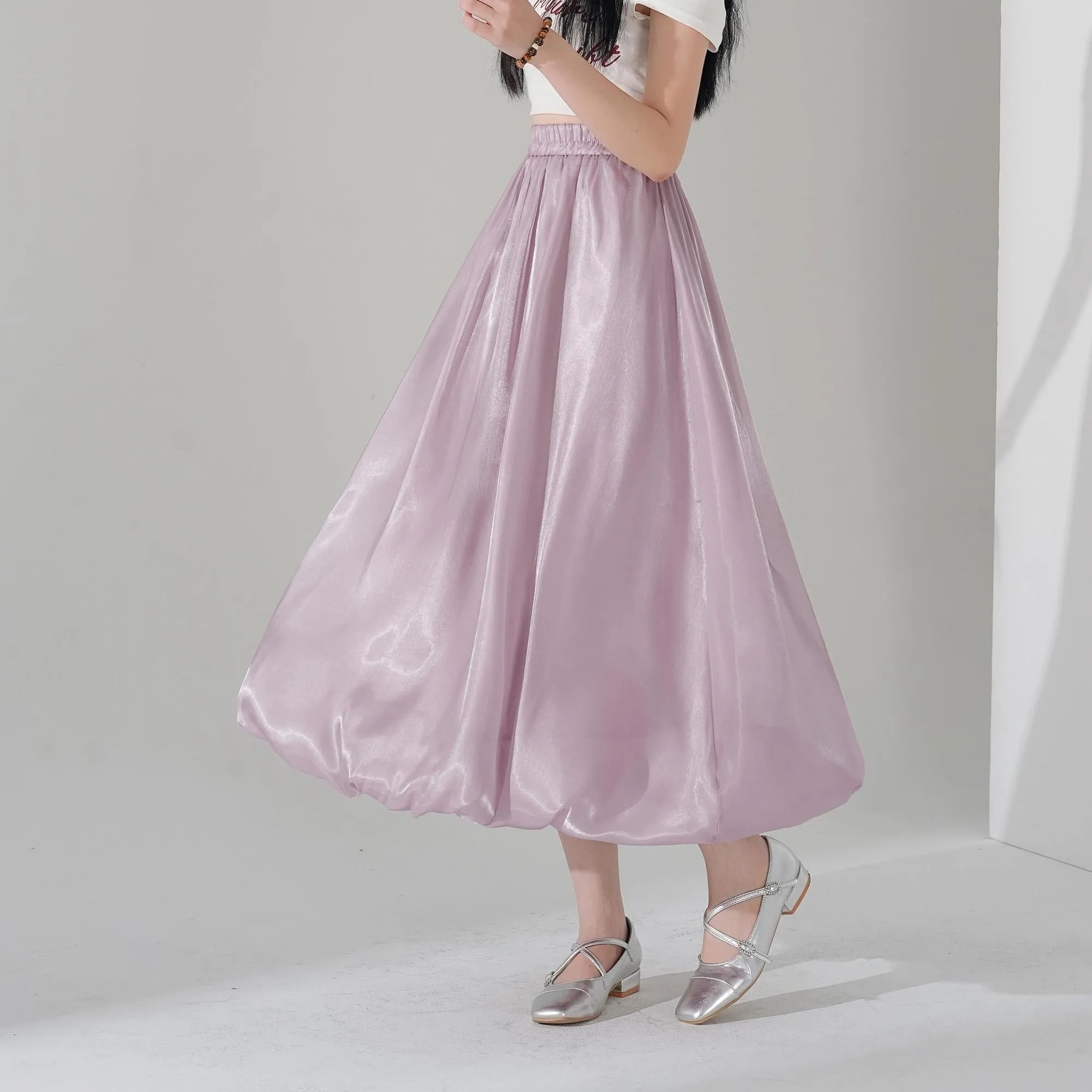 Slinky Solid Satin Maxi Skirt with Elastic Waist