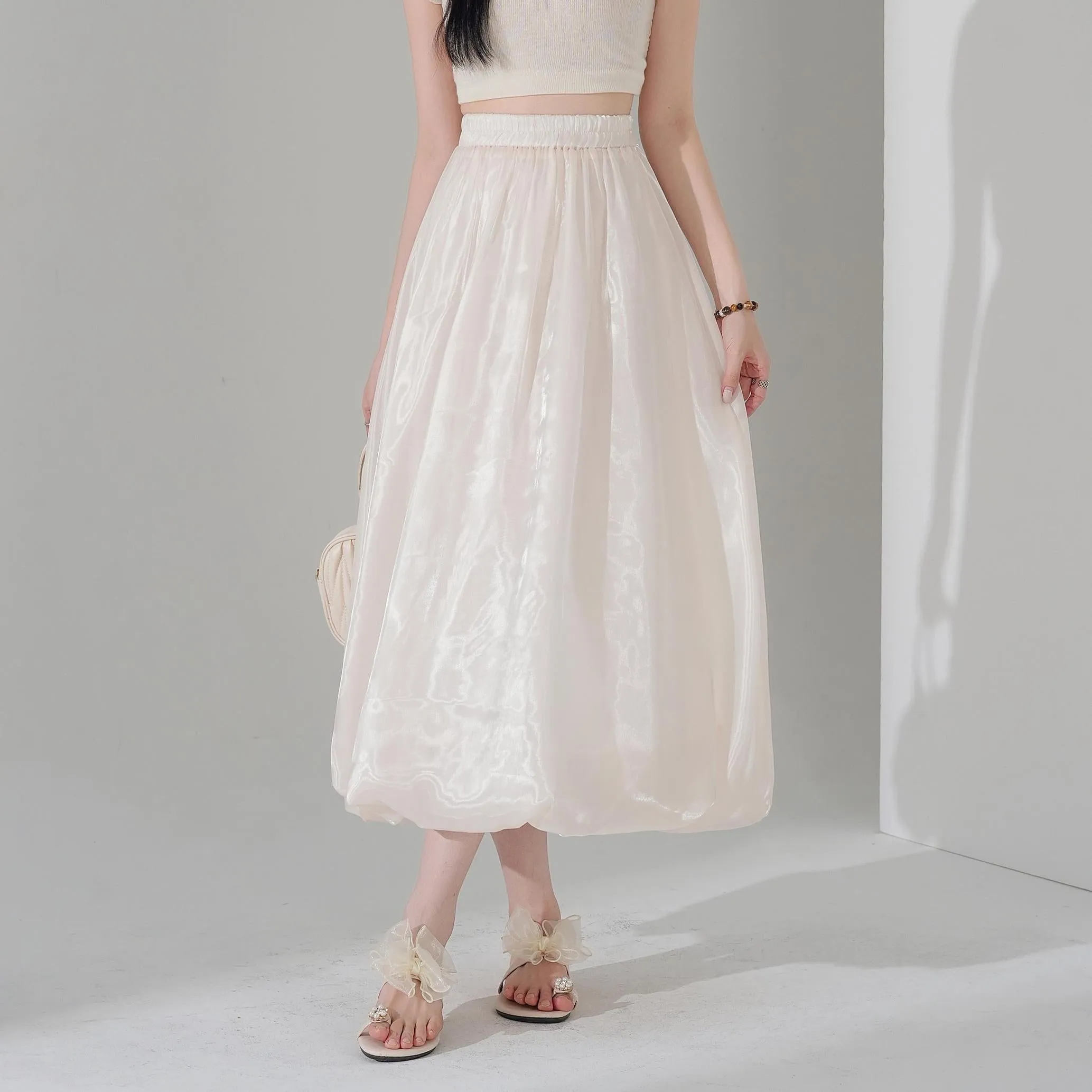 Slinky Solid Satin Maxi Skirt with Elastic Waist
