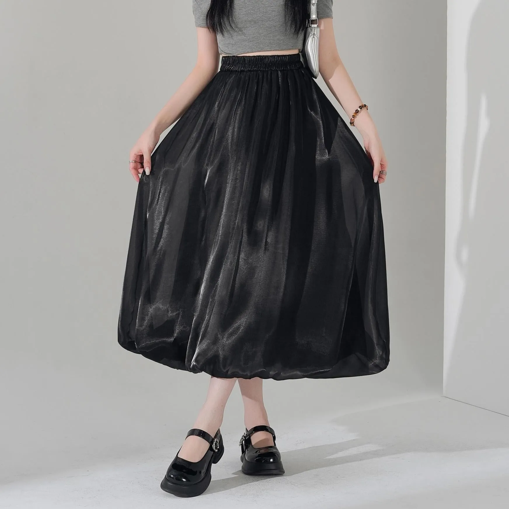 Slinky Solid Satin Maxi Skirt with Elastic Waist