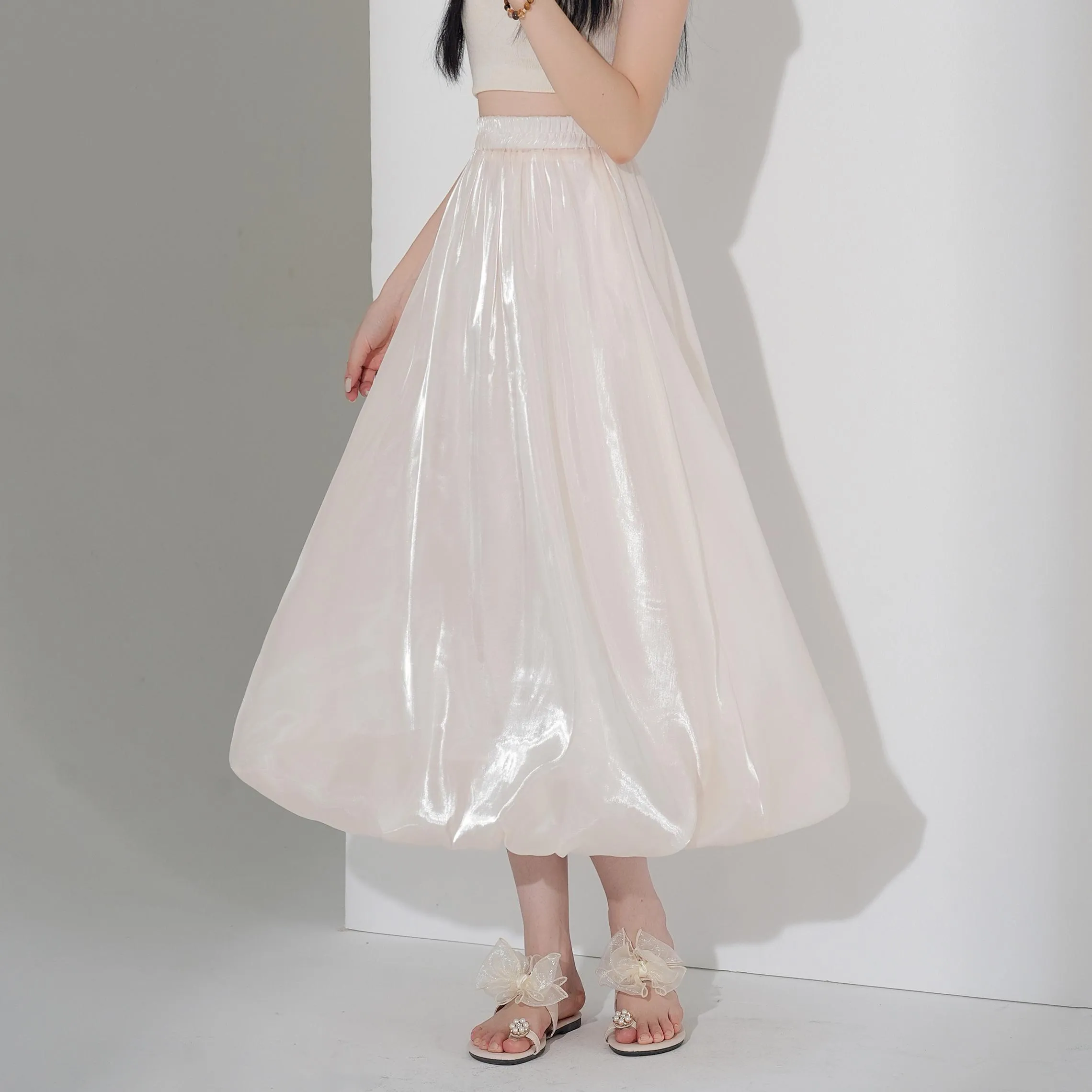 Slinky Solid Satin Maxi Skirt with Elastic Waist
