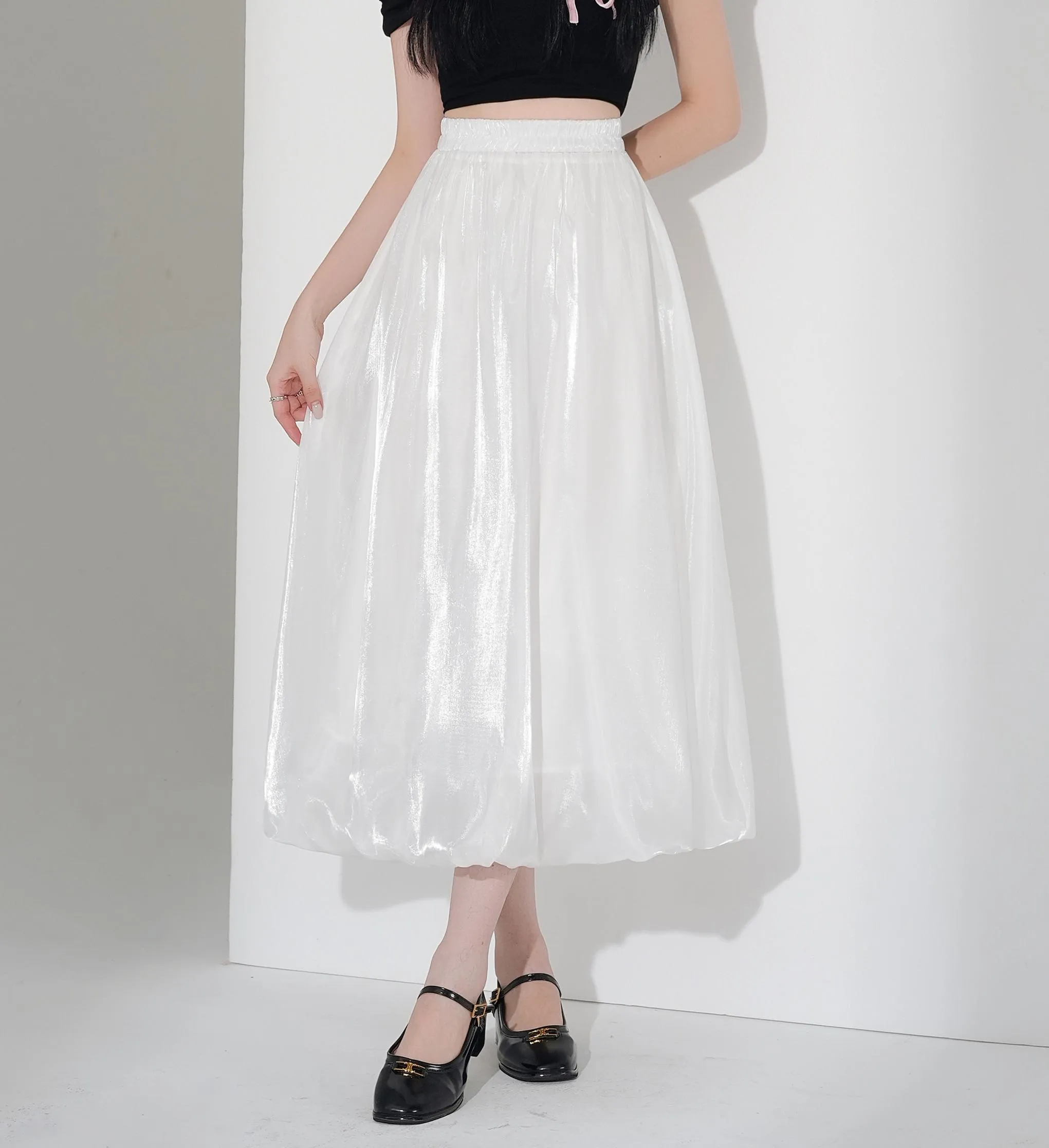 Slinky Solid Satin Maxi Skirt with Elastic Waist